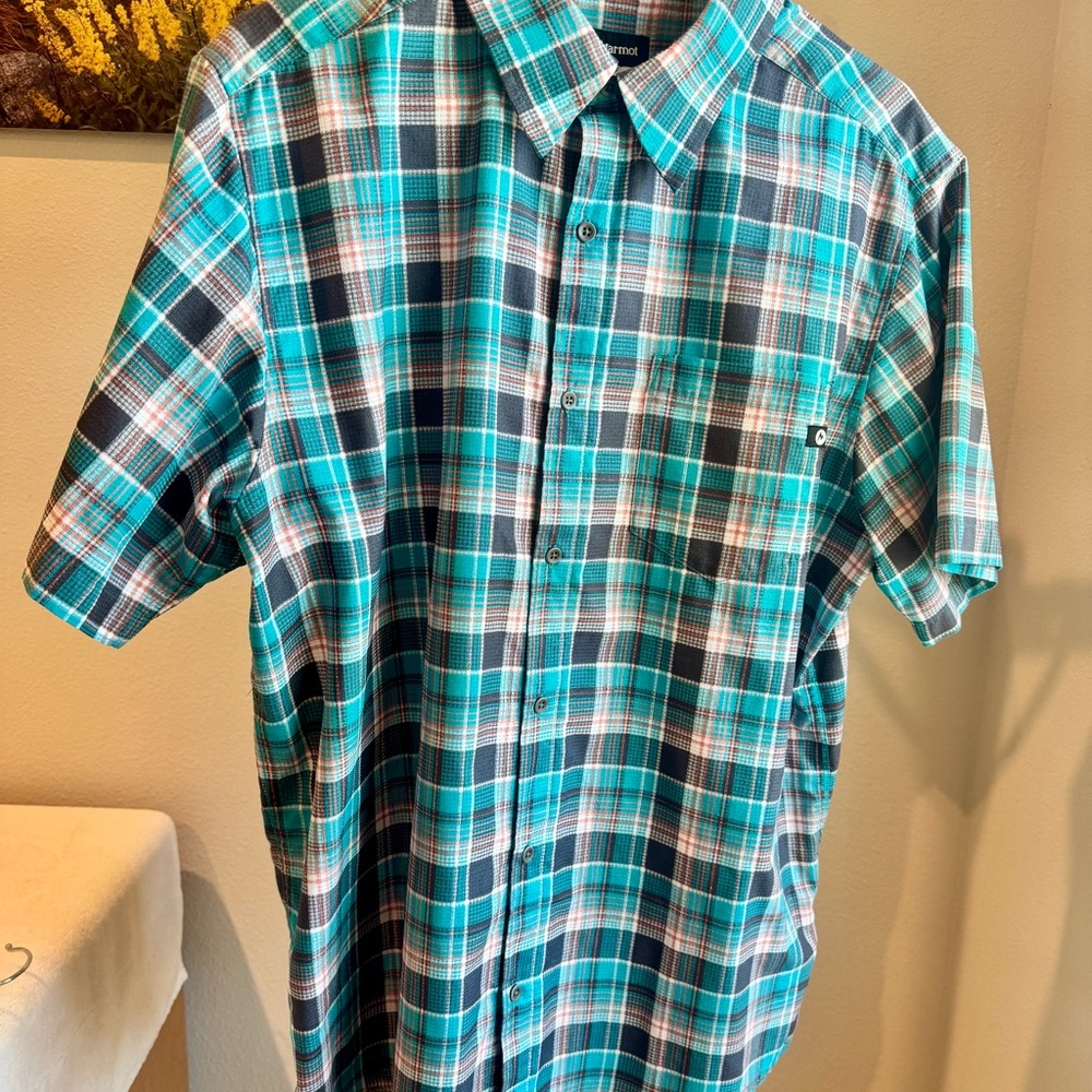 Marmot Teal and Black Plaid Short-Sleeve Button-Down Shirt